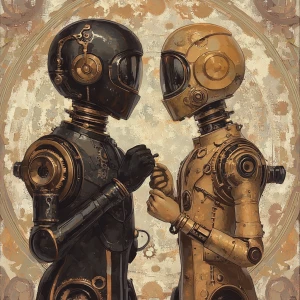 Design an illustration of two robots adorned with steampunk aest...