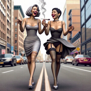 Create an image of two beautiful, Puerto Rican women, One has a short hairdo, and the other one has a pixie cut hairdo. They are walking down the street in the city. Acting silly, they are wearing tight dresses with a garter on one leg and stilettos. they are two broke stones  smoking a joint