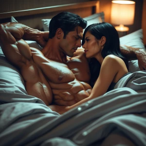 "Create an intimate image of a muscular man with tan skin and bl...