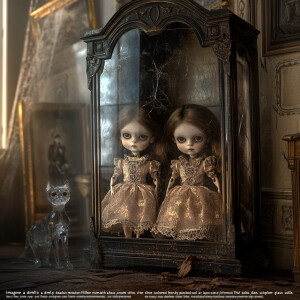 "Imagine a dimly lit, abandoned mansion room filled with dust an...