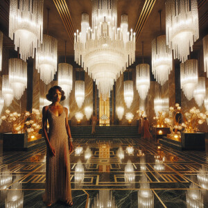 o	In the opulent splendor of an Art Deco penthouse, an elegant L...