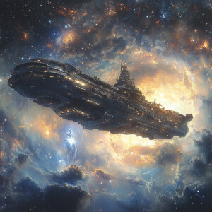 Design an enormous, otherworldly spaceship trapped between dimen...