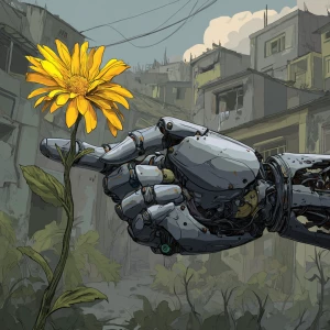 the robot's metal finger touches the yellow petals of the flower...
