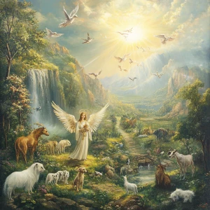 Design a serene heavenly landscape where angelic beings welcome...