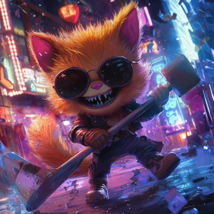 "Stylized character portrait of a mischievous designer toy creat...