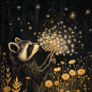 Raccoon blowing on dandelion seeds in forest among forest friend...