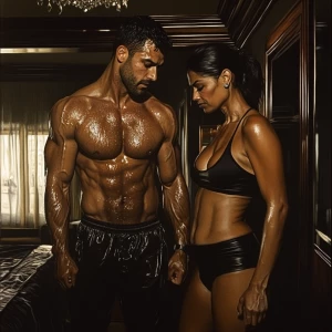 Photorealism,A muscular, perspiring man steps into a luxurious N...