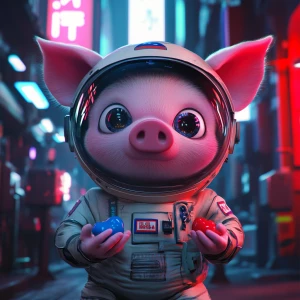 Create a digital illustration of a humanized pig astronaut with...