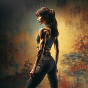 Athletic Thin skinny Attractive, Asian teenage girl, long brown hair and bangs, wearing tight skinny jeans and a halter top paint marks on her clothing, heroic pose Asian graffiti background, backside view