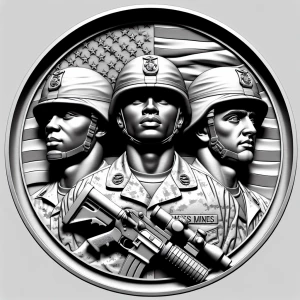 Design a high-contrast grayscale 3d bas relief of three marine soldiers, The composition should be circular like a coin emblem, designed for CNC routing with balanced lighting to accentuate fine details, sharp edges, and distinct textures. Employ deep shadows and strong highlights to define planes and surfaces clearly.