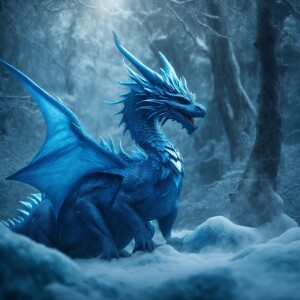 Blue  color  menacing Dragon in a magical ice forest, with a win...