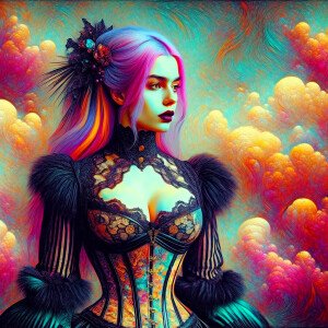 A woman with a curvy semi muscular figure wearing a gothic-inspi...