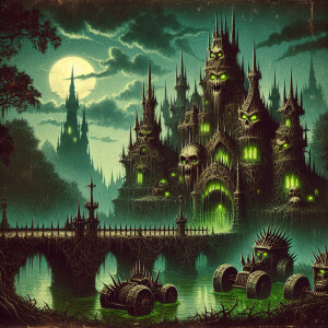 "Envision an eerie, horror-themed goblin castle nestled in the h...