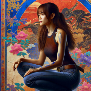 Very thin Athletic Thin skinny Attractive, Asian teenage girl, long brown hair and bangs, wearing tight skinny jeans and a halter top paint marks on her clothing, sitting side view heroic pose Asian graffiti