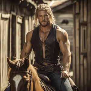 Wanted man muscle dirt blonde hair blonde beard wearing black chaps with blue jeans on a black leather vest. In the morning riding a horse with tan and brown. He is in a old fashion town.