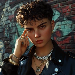 A character with short, curly hair styled in a high fade, wearin...