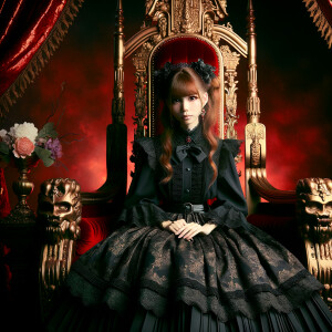 Elegant gothic lolita, beautiful lilith, red background, sitting on the throne