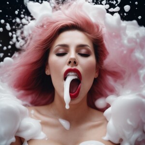 a woman with large bare breasts, her tongue is out, and spurts o...