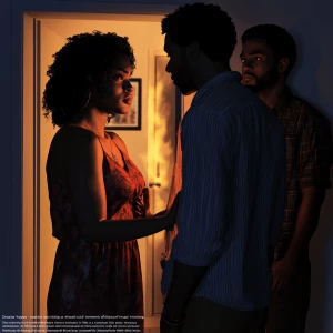 Certainly! Here's a detailed prompt for a lifelike image focusing on betrayal:

"Create a hyper-realistic image portraying a moment of betrayal involving three African American individuals. The setting is a dimly lit, intimate space like a cozy apartment. In the foreground, a beautiful black female stands close to one of the males, her partner, whose expression shows affection and trust as he holds her hand gently. Slightly behind them, the second male, who is the partner’s close friend, shares a furtive, knowing glance with the female. His body language is confident yet subtle, suggesting a hidden connection. The tension should be palpable in the image, with the lighting and shadows enhancing the emotional complexity of the scene. Facial expressions and eye contact should vividly convey the theme of deception and the emerging love triangle."