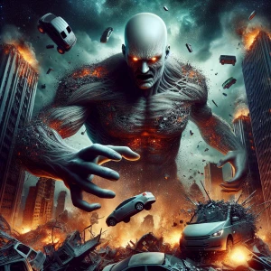 Create a hyper-realistic image of a menacing, bald giant, exuding an aura of malevolence as he hurls vehicles with ease at towering skyscrapers, causing explosions and a shower of debris to scatter across the wide expanse of the sky.