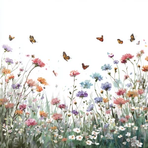 Wildflower field, butterflies flying, in vintage watercolor styl...