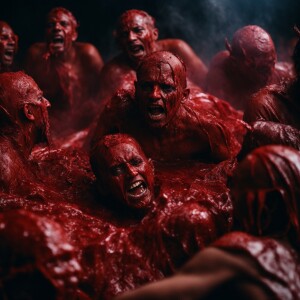A group of flesh eaters in hell, tear off pieces of flesh from a...