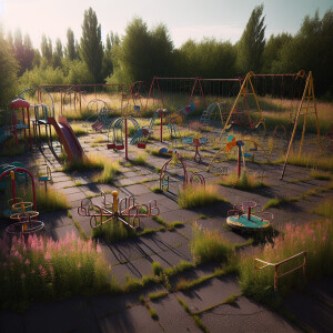 An abandoned playground covered with rust and grass