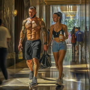 Hyperrealism-photo fantasy,A sweaty tattoed muscular  man walkin...