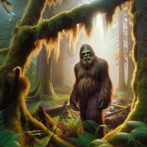 A humanoid looking hair covered sasquatch standing by a tree lin...