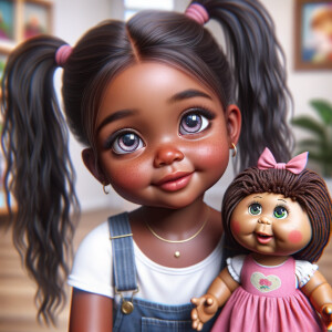 Create a 3-D realistic image of an African-American little girl above the age of five she has huge, blue eyes and thick long ponytails.
She is in a toy store and she is playing with her favorite african-American Cabbage Patch doll , the doll has deep, dimples and freckles