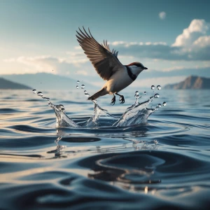 * "A flowing transition of water turning into a bird in flight."