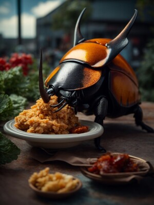 create an image of a rhino beetle eating a piece of fried chicke...