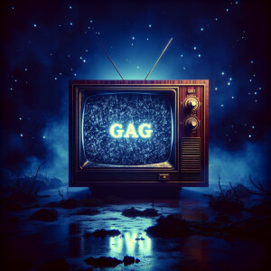Eerie scene of a tube tv with the word “GAG” on the screen