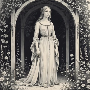 delicate fine line silverpoint drawing of a statuesque woman wit...