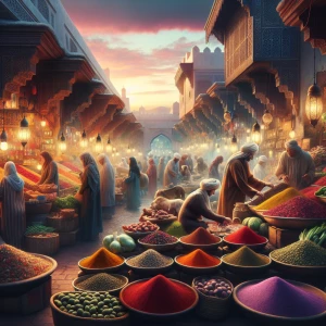 Ein malerischer orientalischer Markt in Marrakesch bei Sonnenunt...