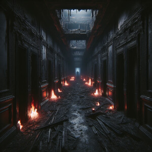 A destroyed hallway from a fire, all black but very eerie. Down...