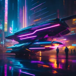 In the neon-tinged world of cyberpunk, a sleek starfighter gleam...