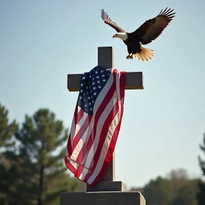 Marble cross with an American flag draped over it. A eagle flys...