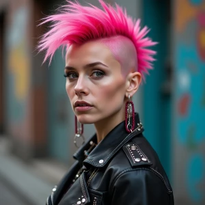 A beautiful 25-year-old woman with pink mowhawk hair, dressed as...