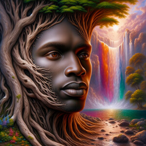 Create a hyper-realistic 3-D oil painting of a tree integrated w...