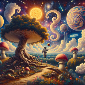 Create an image of an ethereal landscape where trees levitate ab...