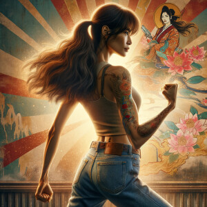 Athletic Thin skinny Attractive, Asian teenage girl, long brown hair and bangs, wearing tight skinny jeans and a halter top paint marks on her clothing, heroic pose Asian graffiti background,  backside view