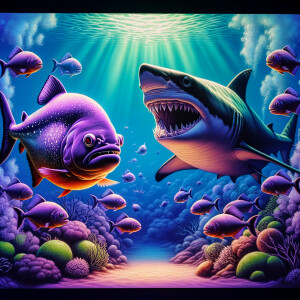Purple lime piranha no teeth playing with a shark