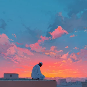 Cartoon-style illustration of a Muslim man praying Fajr on a roo...