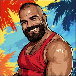 White muscular thin man with beard, big chin, smile and cheekbon...