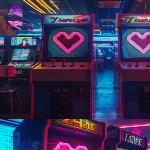 /imagine prompt: cinematic scene inside a neon-lit 1980s arcade,...
