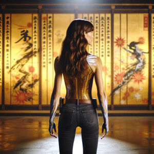 Athletic Thin skinny Attractive, Asian teenage girl, long brown hair and bangs, wearing tight skinny jeans and a halter top paint marks on her clothing, heroic pose Asian graffiti background, backside view