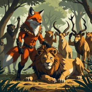 "A legendary forest guardian fox stands victorious over a defeat...