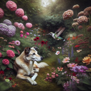 Create an image of a serene dog lounging in a blooming garden wi...