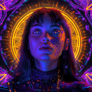 A straight-on, eye-level realistic digital portrait of a woman a...